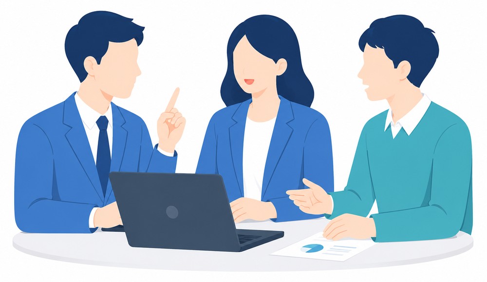 チームで投稿企画を話し合っているイラスト